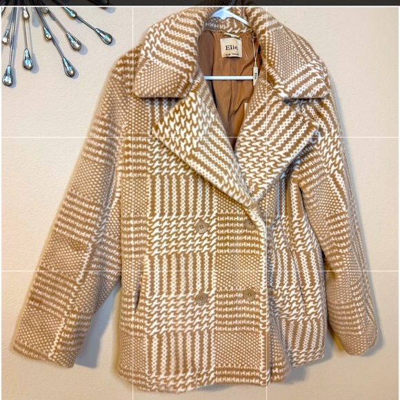 💥SALE💥 Elie Tahari Faux Fur Double Breasted Coat Camel & White Size Large - Picture 1 of 12